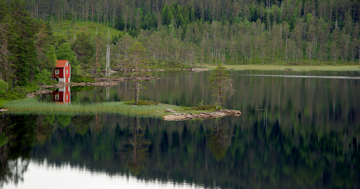 Kuvassa on punainen mökki järvimaisemaa vasten.